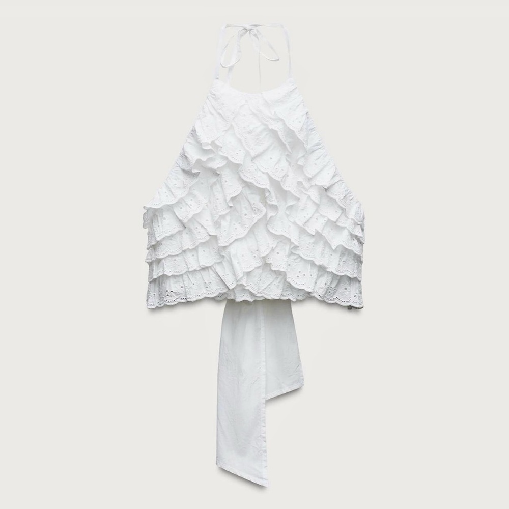 White Ruffle Embroidered Halter Top - Picture 2 of 3